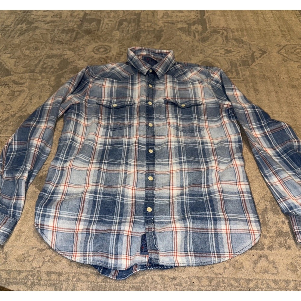 Lucky Brand Shirt Mens Sz Medium Blue Plaid Button Up Long Sleeve